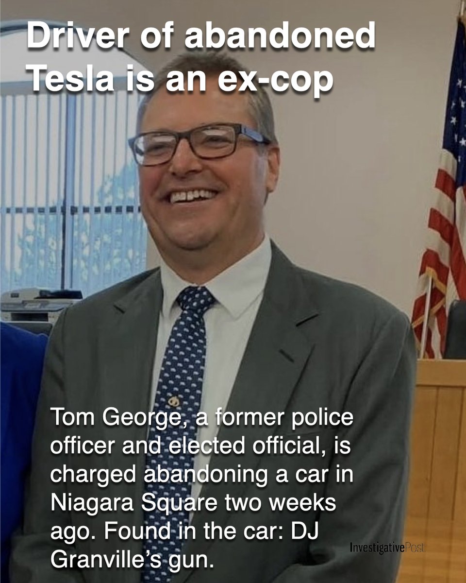 ipostnews's tweet photo. Breaking: Two weeks ago, a Tesla was found abandoned in Niagara Square. In the car: A gun belonging to former Sheriff's chief DJ Granville.

We now know who'd been driving: Former cop and Evans town official Tom George.

https://t.co/rstRVHpPy6 https://t.co/mQnMbqtK1o