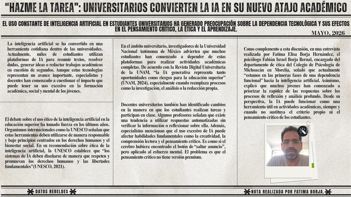 DatosRebeldes's tweet photo. De herramienta a dependencia: el uso excesivo de IA en las aulas enciende alarmas sobre la creatividad y la comprensión de los jóvenes. #IA #Educación #PensamientoCrítico https://t.co/yldIcv6j3E