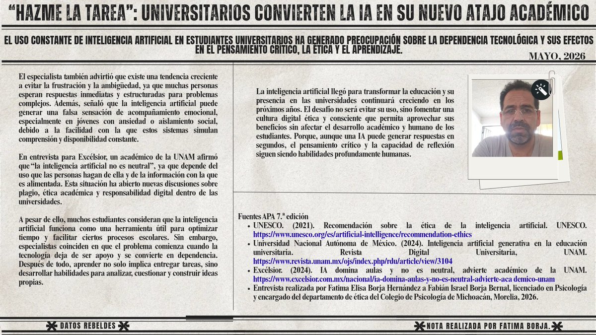 DatosRebeldes's tweet photo. De herramienta a dependencia: el uso excesivo de IA en las aulas enciende alarmas sobre la creatividad y la comprensión de los jóvenes. #IA #Educación #PensamientoCrítico https://t.co/yldIcv6j3E