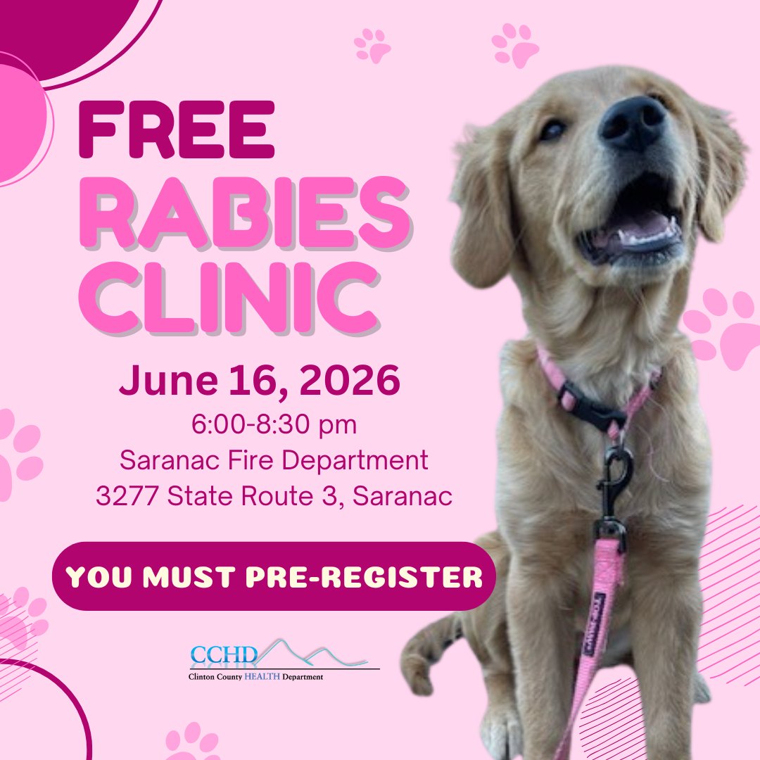 ClintonCountyHD's tweet photo. Our next free rabies clinic is coming up.  Pre-registration is required — grab your spot at https://t.co/GXaYXT269z

Don't wait — appointments fill up fast! 🐶🐱 https://t.co/YY9F8JRSpR
