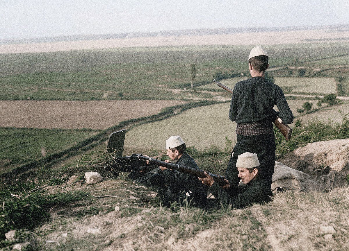 AlbanianArkiva's tweet photo. Young armed Albanians patrolling along a hill ridge covering the advance of relief troops during conflicts between Dutch-Albanian detachments and Albanian insurgents near Duress, Albania, in April–May 1914. https://t.co/k1A9Q4SmGE