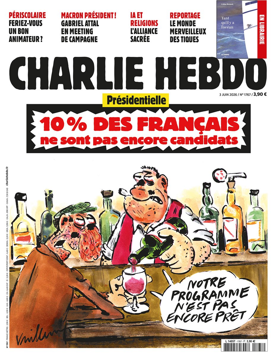Charlie_Hebdo_'s tweet photo. 10 % des Français ne sont pas encore candidats

👉 Quiz : feriez-vous un bon animateur périscolaire ?
👉 Le monde merveilleux des tiques
👉 IA et religions : l'alliance sacrée

En vente mercredi ! https://t.co/16rVhQVsxu