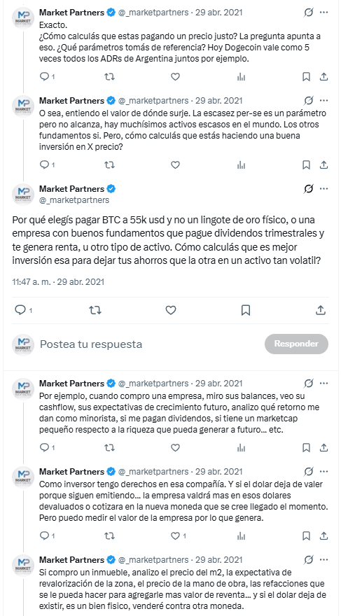 _marketpartners's tweet photo. Un screen de un debate que tuve sobre Bitcoin hace 5 años atrás...

2021... $BTC = 55k
2026... $BTC = 67k
+20% en 5 años contra todos los mercados volados (incluido Argentina que en ese momento toda Argentina tenía menos marketcap que Dogecoin)...

Si, en el medio fue a 16k y también a 120k. Pero al "holder", le vuelvo a preguntar... cómo sabés que pagás un precio justo? No es 100% especulación el BTC? Estos 5 años demostraron que sí. Mientras que las empresas con buenos balances uno pudo analizar si estaban baratas o caras y las buenas compañías obviamente siguieron creciendo y generando valor al mundo.