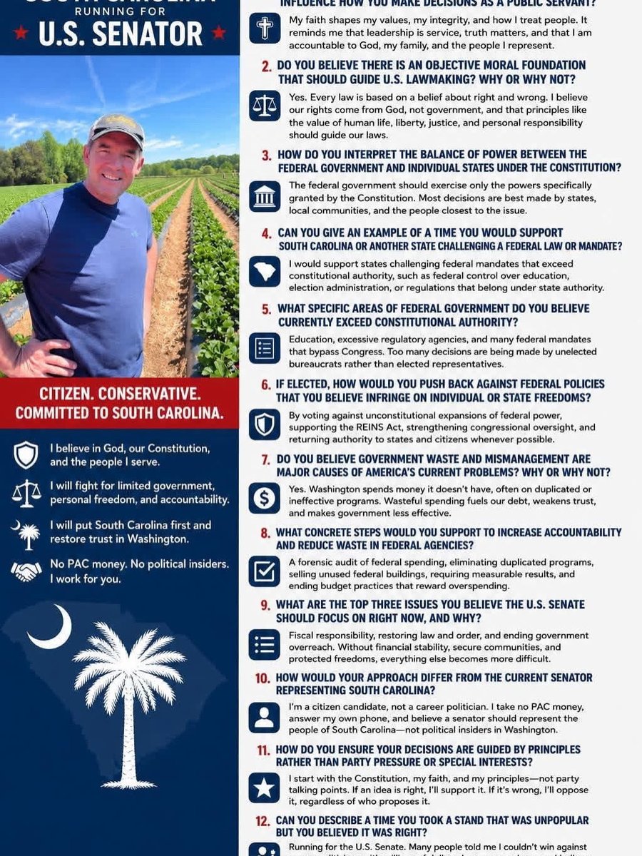 ThomasDismukes's tweet photo. Honestly, this picture could confuse someone to think I'm running for Commissioner of Agriculture rather than U.S. Senate... but in truth... that's more me than a suit. I love getting my hands dirty serving people and I'd love to earn your trust and vote.

This post was created by a voter who contacted me with questions and asked if she could share my answers. Thank you for your support and your vote, Dawn. I appreciate you taking the time to ask questions and be engaged in the process.

VOTE Thomas Keith Dismukes for U.S. Senate