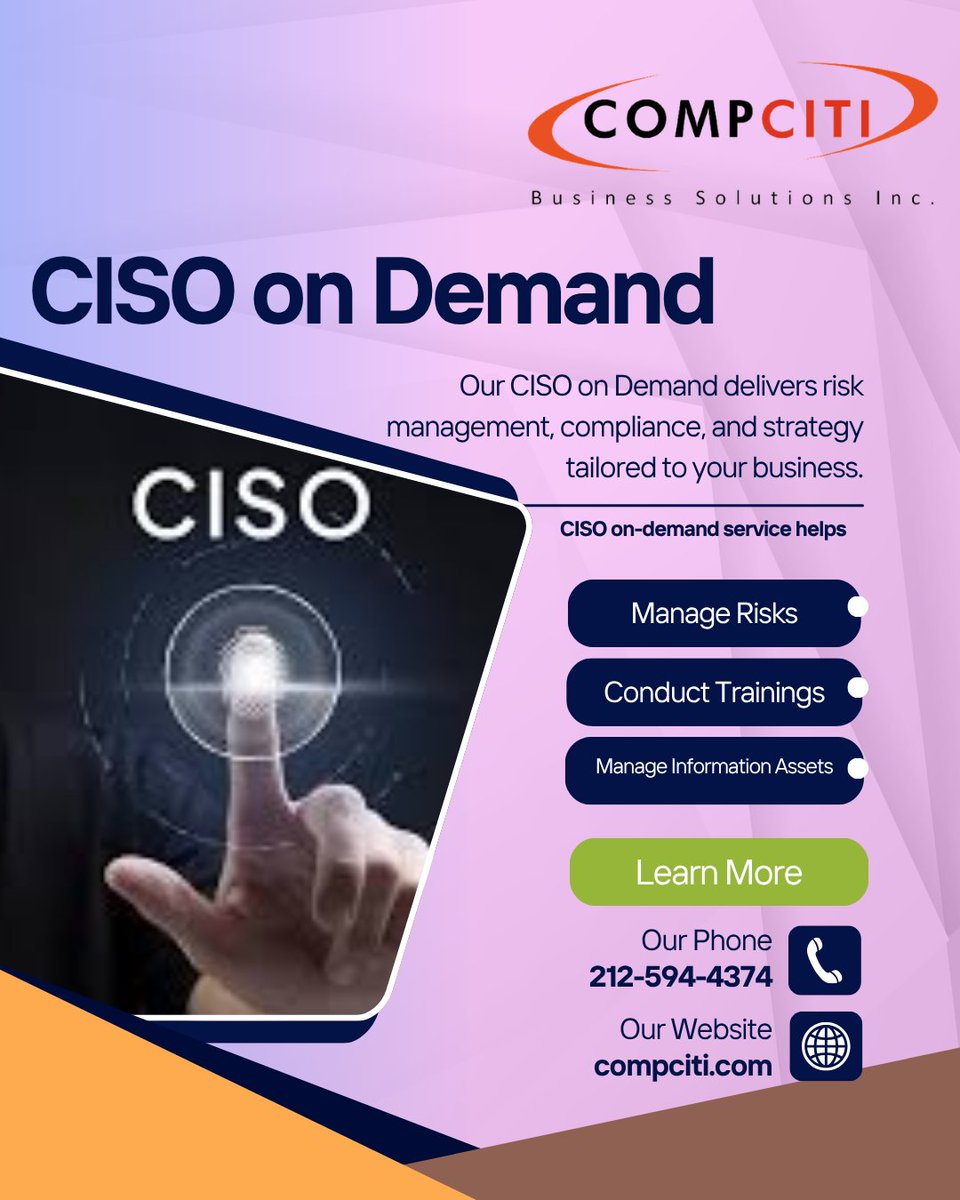 CompCiti's tweet photo. CISO on Demand provides compliance support whenever required. Protect your data with trusted cybersecurity expertise designed to grow with your business.
https://t.co/y1bm1tNMWx
#CISOOnDemand #VirtualCISO #CISO #CyberSecurity https://t.co/b74x3Q0iuV