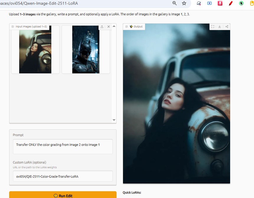 ovi054's tweet photo. Qwen Image Edit 2511 Fast + LoRA ⚡

QIE-2511 is an image editing model with integrated LoRA capabilities. You can add any custom LoRA to generate and edit images within this @huggingface Space.

👉 Try it now: https://t.co/u19yY5dWNZ