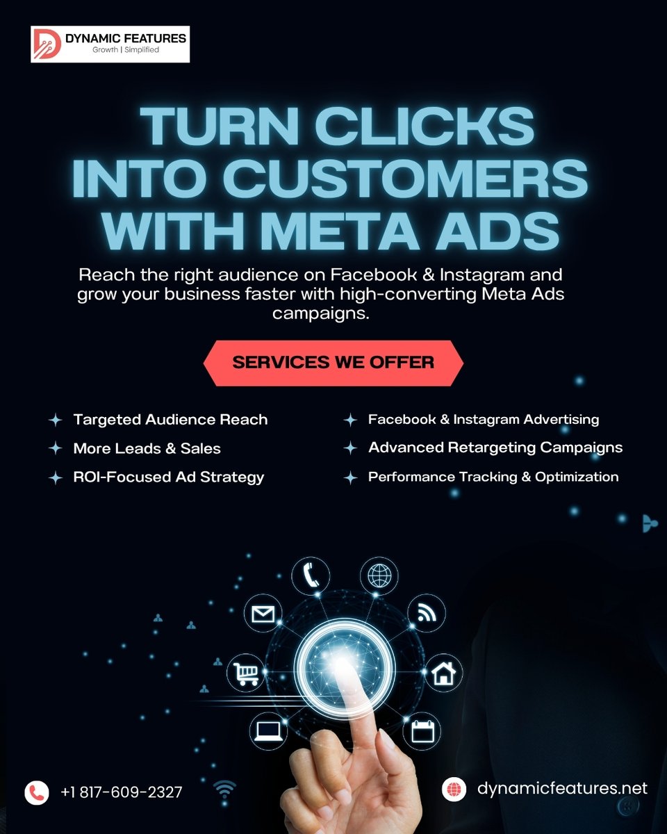 DynamicFeatures's tweet photo. 🚀 Convert clicks to customers with Meta Ads! 

Reach the right audience, generate quality leads and grow your business with ROI-focused Facebook &amp; Instagram campaigns. Start scaling smarter, today. 

🌐 https://t.co/d51On6Xduf

#MetaAds  #LeadGeneration #DynamicFeatures https://t.co/o2nBoVovuG