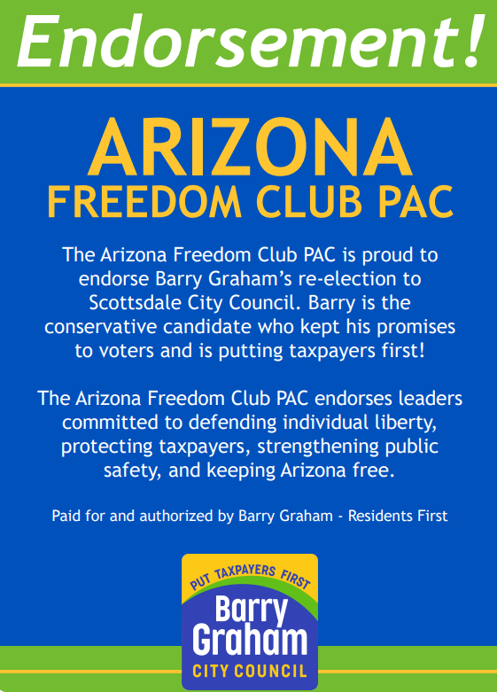 BarrySGraham's tweet photo. I'm honored to receive the endorsement of the Arizona Freedom Club PAC, the political affiliate of the Arizona Free Enterprise Club—one of Arizona's largest grassroots conservative organizations. 🗽❤️

As a conservative who puts Scottsdale taxpayers first, I’m proud to have their strong support as I run for re-election to the City Council.🏜️