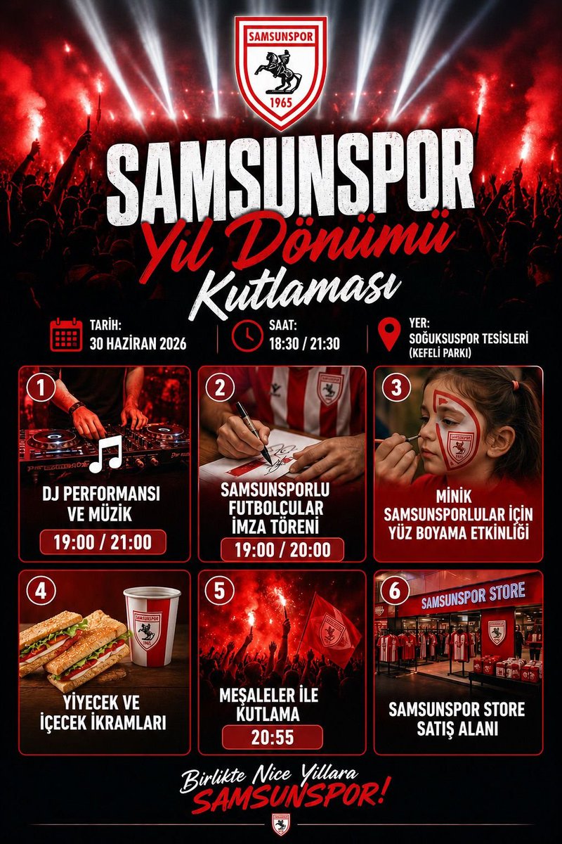 sehzadelercom's tweet photo. Samsunspor 61. Yıl Dönümü Kutlaması
🔥🔥🔥

Bu yıl, Samsunspor’un gelenekselleşen yıl dönümü kutlaması büyük bir coşkuyla gerçekleştirilecektir. Bu özel organizasyonda birbirinden güzel etkinlikler sizleri bekliyor.

Tüm taraftarlarımızı aramızda görmekten mutluluk duyarız.

🗓️ 30 Haziran 2026
⏰ 18.30-21.30
📍 Soğuksuspor Tesisleri
