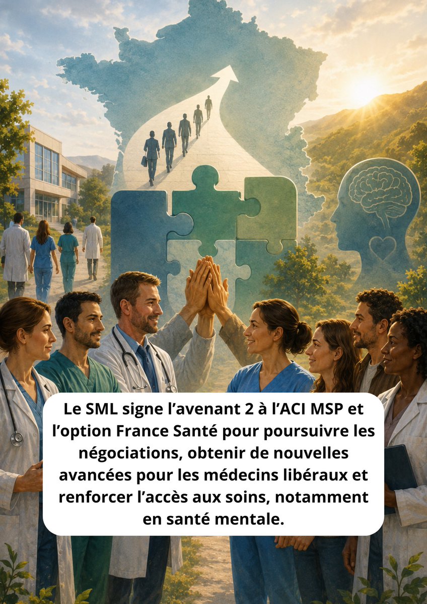 LE_SML's tweet photo. Le SML signe l’avenant 2 à l’ACI MSP et l’option France Santé pour poursuivre les négociations. Avancées obtenues : retour du secteur 2 et réintégration du psychiatre dans le parcours de santé mentale. #SML #Santé https://t.co/hKjepsw0uH