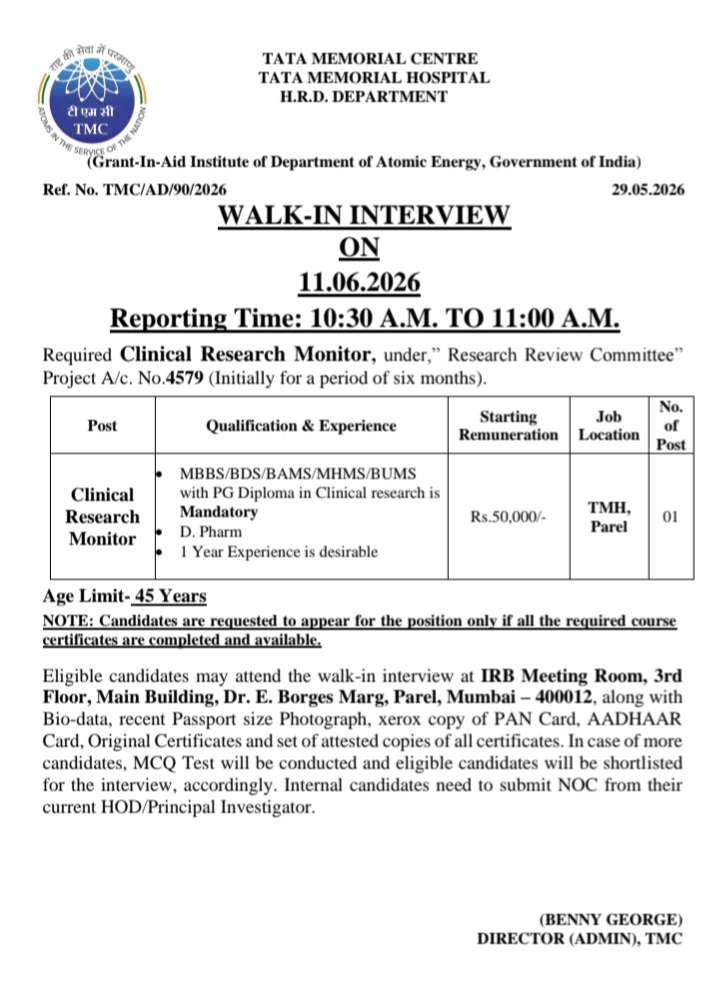 dr_mcim's tweet photo. https://t.co/s4BAOs5P3v

Career Opportunity For MBBS,BAMS, BUMS and BHMS Doctors only 

Post of Clinical Research Monitor
(Diploma in Clinical research is Mandatory) at Tata Memorial Center - Mumbai  TMH

Starting Remuneration is 50,000/=

No of post: 01

 Location : TMH Mumbai https://t.co/hHypqyaTX6