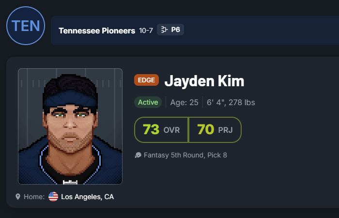 dev_sidelinesim's tweet photo. Here's a couple more player cards who I liked the look of. Pro Football Dynasty has everything you expect from a sports sim, from the draft, FA, trades, playcalling, career and sandbox modes, and tons more. I'll be posting devlogs here, so follow along! https://t.co/1KTpFhDlc2