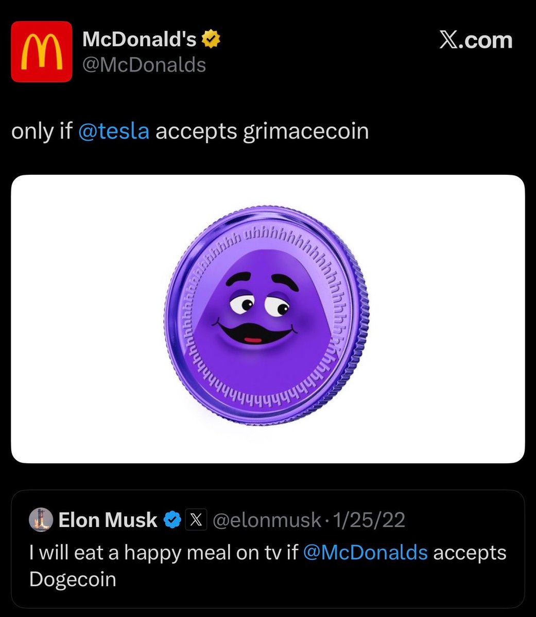MrWhale's tweet photo. Tesla accepts Grimacecoin → @McDonalds accepts Dogecoin → World peace.

🤝🚀 https://t.co/htynidM8Yx