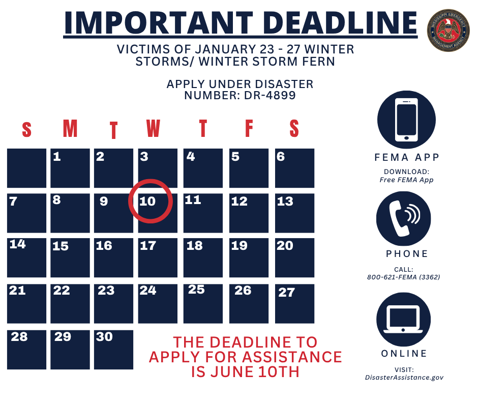 MSEMA's tweet photo. DEADLINE APPROACHING: Residents in the counties affected by the January 23rd through 27th winter storms have ONE week left to apply for assistance. 

You can apply online, by phone, through the FEMA App or by visiting one of our Disaster Service Centers located in the following counties:

Alcorn
Lafayette
Panola
Leflore
Benton
Yazoo
Carroll
Coahoma
Montgomery
Tallahatchie
Pontotoc
Marshall
Tishomingo