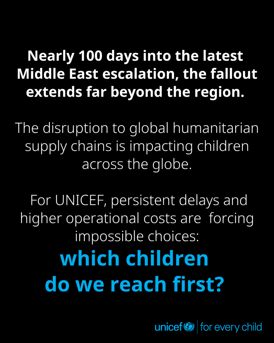 UNICEF's tweet photo. “For UNICEF, persistent delays and higher operational costs, when they come in the context of a global funding crisis, are already forcing impossible choices: which children do we reach first?”

Full remarks from UNICEF Chief of Global Transport and Logistics, Jean-Cedric Meeus, nearly 100 days into the latest Middle East escalation.  https://t.co/rMEOtM5WJ7