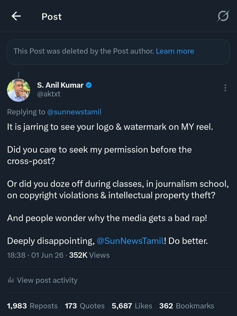 aktxt's tweet photo. "The mob is fickle, brother."

That enduring line from Gladiator (2000) came to mind again.

Context:
I rebuked a major media organization, @SunNewsTamil, for their unauthorized lifting of a reel I posted yesterday

Their cross-posted Instagram post had garnered 5000+ likes already when it was brought to my attention

You'd think I wouldn't mind, but I did, and I spoke my mind.

See QT and the screenshot of their since-deleted tweet.

To my surprise, even the rebuke has since garnered attention.

Evidently, it struck a chord with @TVKVijayHQ supporters who, I understand now, have had grievances against the media organization (closely affiliated with DMK/@arivalayam, the erstwhile ruling party) for unfavorable coverage.

That made this seeming enemy of an enemy a new friend!

Having long been apolitical and even far from clued into politics, this was an eye-opener.

It also tickled me!

Because before the fresh influx of bouquets, I have long been used to receiving the occasional brickbat instead from the same ardent fan base, for being closely related to their hero's "rival," despite the collegiality between them.

It is what brought the quote from Gladiator to mind, and I reminded myself that a fickle mob can easily turn against me, if I am not forgotten altogether.

I was touched by the CM's kind gesture in paying a visit and offering condolences to our family in person. At the same time, I have appreciated the warm messages of comfort from leaders across the political spectrum. (Thank you, all!)

As I continue to speak my mind – and I can because I speak for myself – I will likely butt heads against more people and rub more people the wrong way—on all sides! (I am, I like to say, my forthright father's son.)

Let's just keep politics out of this commoner's personal posts, shall we?

Be good, folks.

Better yet, get offline and hug a loved one tight.

How I wish I could this week!