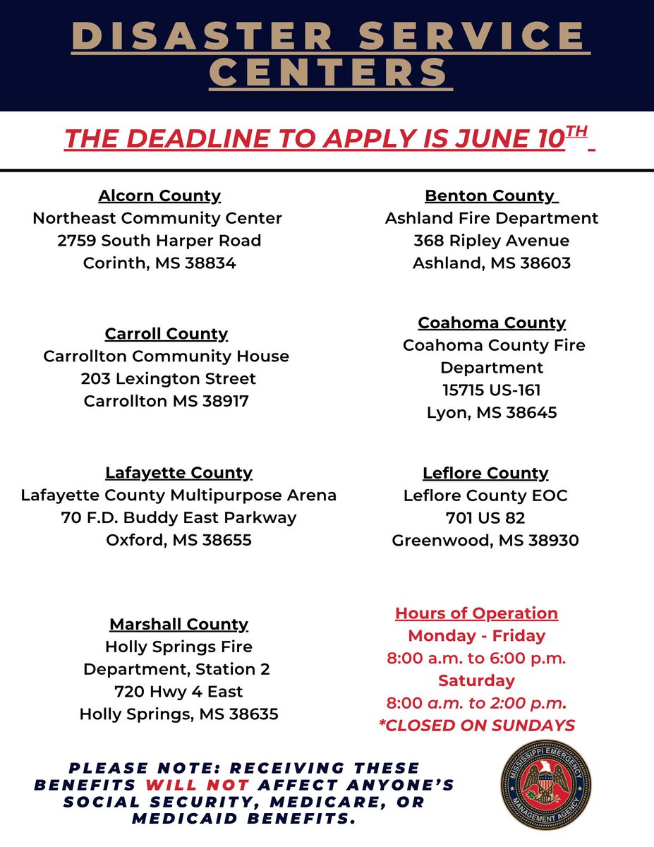 MSEMA's tweet photo. DEADLINE APPROACHING: Residents in the counties affected by the January 23rd through 27th winter storms have ONE week left to apply for assistance. 

You can apply online, by phone, through the FEMA App or by visiting one of our Disaster Service Centers located in the following counties:

Alcorn
Lafayette
Panola
Leflore
Benton
Yazoo
Carroll
Coahoma
Montgomery
Tallahatchie
Pontotoc
Marshall
Tishomingo