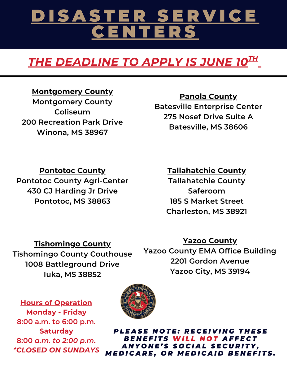 MSEMA's tweet photo. DEADLINE APPROACHING: Residents in the counties affected by the January 23rd through 27th winter storms have ONE week left to apply for assistance. 

You can apply online, by phone, through the FEMA App or by visiting one of our Disaster Service Centers located in the following counties:

Alcorn
Lafayette
Panola
Leflore
Benton
Yazoo
Carroll
Coahoma
Montgomery
Tallahatchie
Pontotoc
Marshall
Tishomingo
