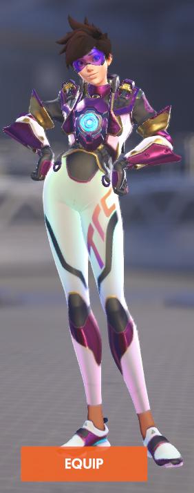 frostfire397's tweet photo. Reward preview for the anniversary tracer skin shows a skin that follows the same patterns as the rest of the "Decennium" skins, being half purple and half white. The actual "10-Years Cheers" tracer skin is different, being symmetrical with pulsing colors. https://t.co/qJgy34cvI6