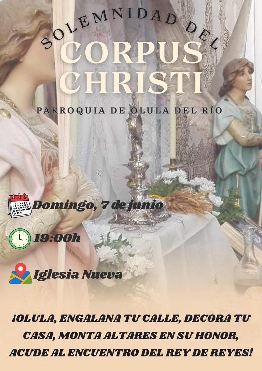 aytodeolula's tweet photo. Olula del Río se prepara para celebrar la Solemnidad del Corpus Christi ✨

Este domingo, 7 de junio, a las 19:00h, nuestra Iglesia Nueva acogerá una de las tradiciones más especiales y emotivas de nuestro pueblo.

#OluladelRío #corpuschristi #olulaestradición https://t.co/3xIge74K52
