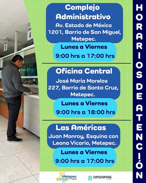 MetepecOPDAPAS's tweet photo. En una #CiudadQueFunciona te compartimos los horarios de atención de nuestras oficinas.
#EstamosEnLaRuta  
@MetepecGobierno 
@FerFlores_Emp https://t.co/S2KyamtjE3
