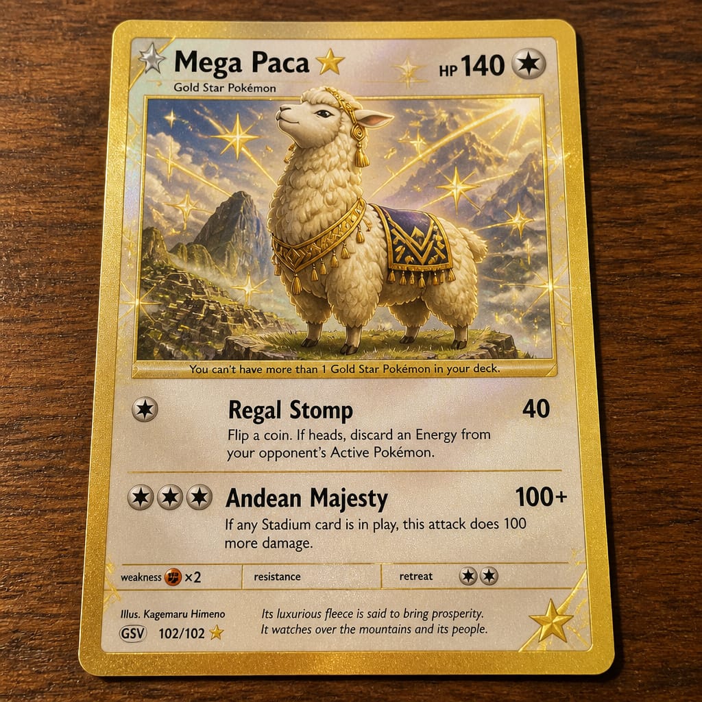 hodlsaurus's tweet photo. Just pulled this absolute beauty: Mega Paca Gold Star (GSV 102/102)! A majestic golden alpaca guardian with 140 HP, Regal Stomp, and that insane Andean Majesty attack. The artwork is straight fire: starry mountain vibes and luxurious fleece details. This custom Gold Star hits different. Who else wants one in their collection? #Pokemon #GoldStar #MegaPaca @PacaSwap  @TheUpsiderAI Are you ready to play?