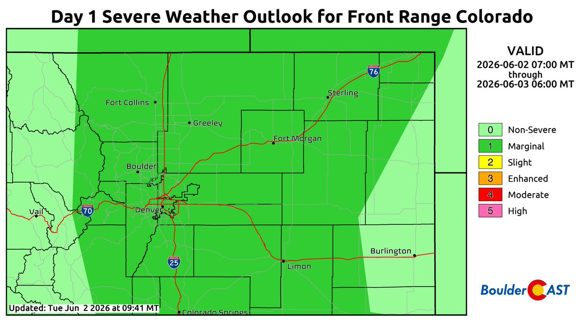 BoulderCAST's tweet photo. ⚠️ New SPC update now includes Boulder and Denver at Marginal Risk for severe storms Tuesday. The primary concern is hail up to 1.5" in diameter from Noon to 4PM. Risk is lower than yesterday.

⛈️ Keep an eye on the darkening skies! #cowx #hail #denver https://t.co/9FjSkJuECv