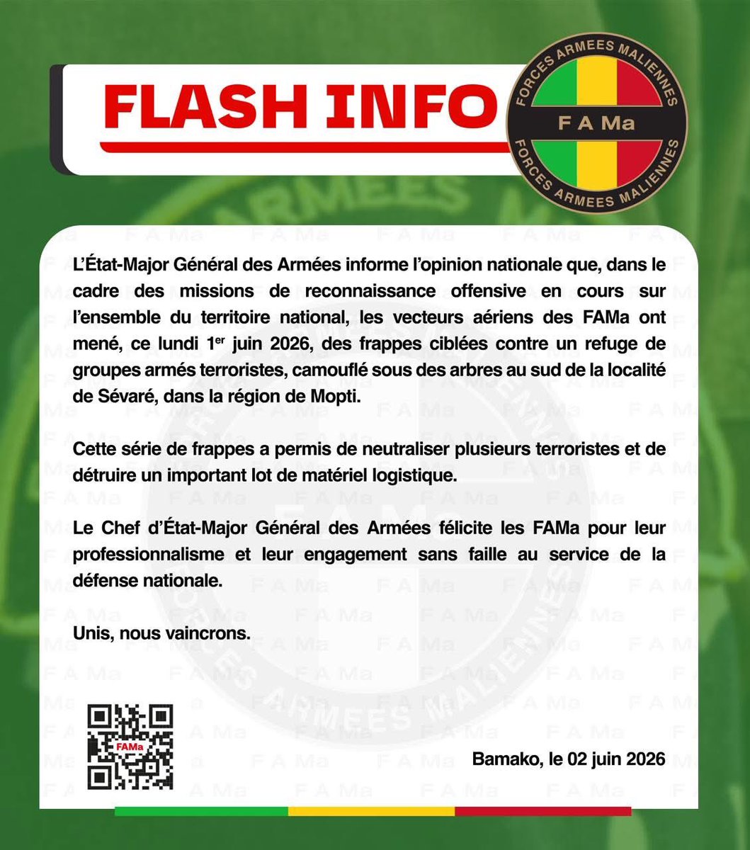 MaliTransition's tweet photo. 🚨🇲🇱#FlashInfo
𝐋'𝐄́𝐭𝐚𝐭-𝐌𝐚𝐣𝐨𝐫 𝐆𝐞́𝐧𝐞́𝐫𝐚𝐥 𝐝𝐞𝐬 𝐀𝐫𝐦𝐞́𝐞𝐬 𝐢𝐧𝐟𝐨𝐫𝐦𝐞 𝐥'𝐨𝐩𝐢𝐧𝐢𝐨𝐧 𝐧𝐚𝐭𝐢𝐨𝐧𝐚𝐥𝐞 𝐪𝐮𝐞, 𝐝𝐚𝐧𝐬 𝐥𝐞
𝐜𝐚𝐝𝐫𝐞 𝐝𝐞𝐬 𝐦𝐢𝐬𝐬𝐢𝐨𝐧𝐬 𝐝𝐞 𝐫𝐞𝐜𝐨𝐧𝐧𝐚𝐢𝐬𝐬𝐚𝐧𝐜𝐞 𝐨𝐟𝐟𝐞𝐧𝐬𝐢𝐯𝐞 𝐞𝐧 𝐜𝐨𝐮𝐫𝐬 𝐬𝐮𝐫……. https://t.co/cHKhJWjWn7