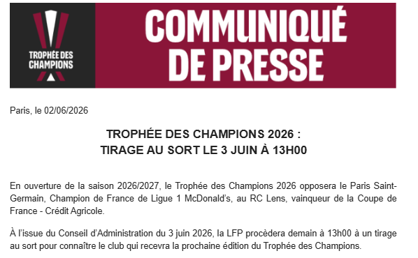 JS_Grond's tweet photo. Le lieu du Trophée des champions PSG-RC Lens sera décidé lors d'un tirage au sort demain 13h, soit au Parc des Princes, soit au Stade Bollaert.
La LFP a laissé les deux clubs trouver un stade mais aucun accord n'a été trouvé. La LFP reprend donc la main pour un pile ou face ! https://t.co/9p3GBH3VOp