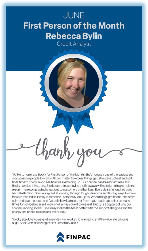 Finpacleasing's tweet photo. Congratulations to Rebecca Bylin, our First Person of June 2026! https://t.co/C67QLEeqrB