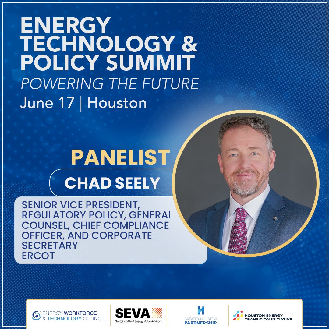 EnergyWorkforce's tweet photo. How are electricity markets evolving in response to rising demand?

Join Energy Workforce at the Energy Technology & Policy Summit on June 17, featuring Chad Seely, Senior Vice President, Regulatory Policy, General Counsel, Chief Compliance Officer, and Corporate Secretary at @ERCOT_ISO, for the What Does the Future Hold for Electricity Markets: Challenges and Changing Dynamics of Electricity Markets panel.

Seely will join industry leaders to discuss how electricity markets are adapting to rising demand, current regulatory and policy frameworks, and the challenges and opportunities shaping the future of the power system.

🔗 Don’t miss out – Register now: https://t.co/D1FkdbBOiG