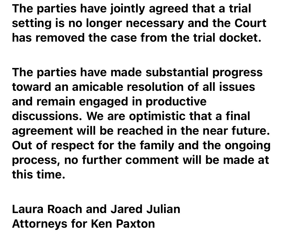 PatrickSvitek's tweet photo. New statement from Ken Paxton’s lawyers after his June divorce trial was canceled: https://t.co/gCW8rZ5049