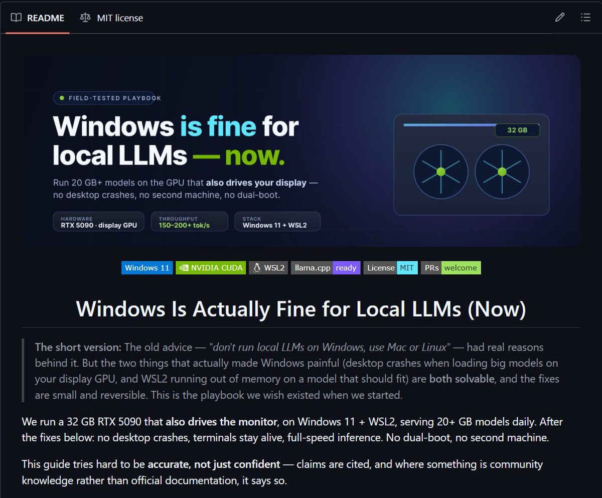 OnlyTerp's tweet photo. It took me a lot of time, billions of tokens, hairloss, stress, loss of sleep

BUT I DID IT, I FIXED RUNNING LLMS ON WINDOWS!

If you've been using Windows and WSL and it's been giving you tons of headaches, you can finally relax 

I made a guide to make it as stable as Linux 🫡 https://t.co/3vgTb0pFIB