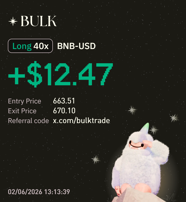 VaultNomad's tweet photo. I’m currently actively trading on @bulktrade. 

I believe they’ll reward users of the platform well, but never trade just to burn through money, that’s crazy. Only trade to make a profit. The most actively traded assets on the platform are $BTC and $BNB. Are you trading on Bulk too?