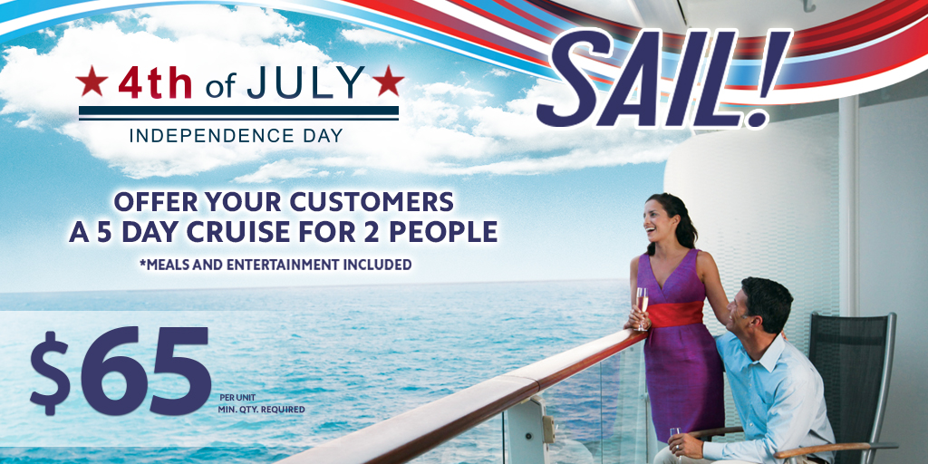 Odenza's tweet photo. Special offer: Ends June 15th.

This Independence Day, feature an outstanding promotion that allows your customers to sail away!

Our cruise incentive is proven to attract more customers and increase sales. Create buzz, generate more referrals, and boost your business by offering a 5-day/4-night Cruise for 2 with every purchase. All meals and entertainment included. Featuring 4 cruise lines: Royal Caribbean, Carnival, Princess, and Norwegian.

Cost to you is only $65 per package.

Call 1-866-883-2968 to get started.