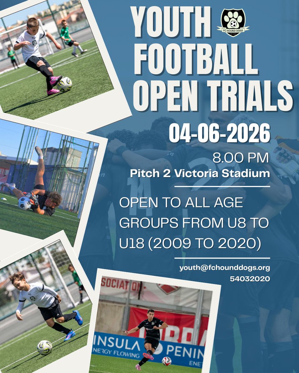 FCHoundDogs's tweet photo. ⚽️ Youth Football Open Trials Are Here!⚽️

Think you’ve got what it takes?

🔥 Open to all players from U8 to U18 (born 2009–2020)
📅 4 June 2026
⏰ 8:00 PM
📍 Pitch 2, Victoria Stadium

📧 youth@fchounddogs.org
📞 54032020 https://t.co/vI1P9JX2wa