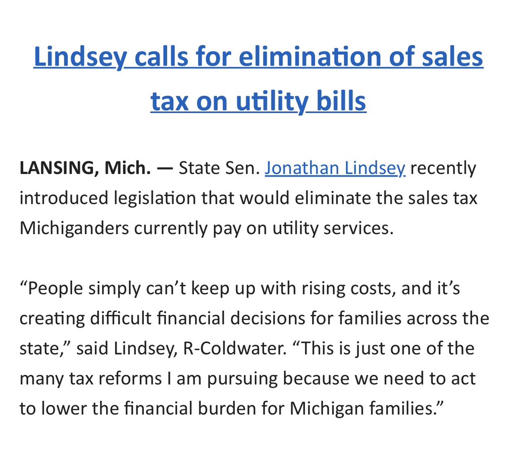 AFPMichigan's tweet photo. 🚨 STOP SCROLLING 🚨

Senator Jonathan Lindsey has a solid proposal for lowering utility costs that would result in immediate relief for Michigan families: 

LANSING, MI | Senate Bills 986 and 987 would eliminate the sales tax on utilities like electricity and natural gas.
 
The senator said taking the government out of the equation will lower bills across the board.
 
“This is an equitable reform that benefits every single ratepayer in the state,” Lindsey said. “These bills will provide families with meaningful tax relief so they can prioritize what matters most to them and their children.”