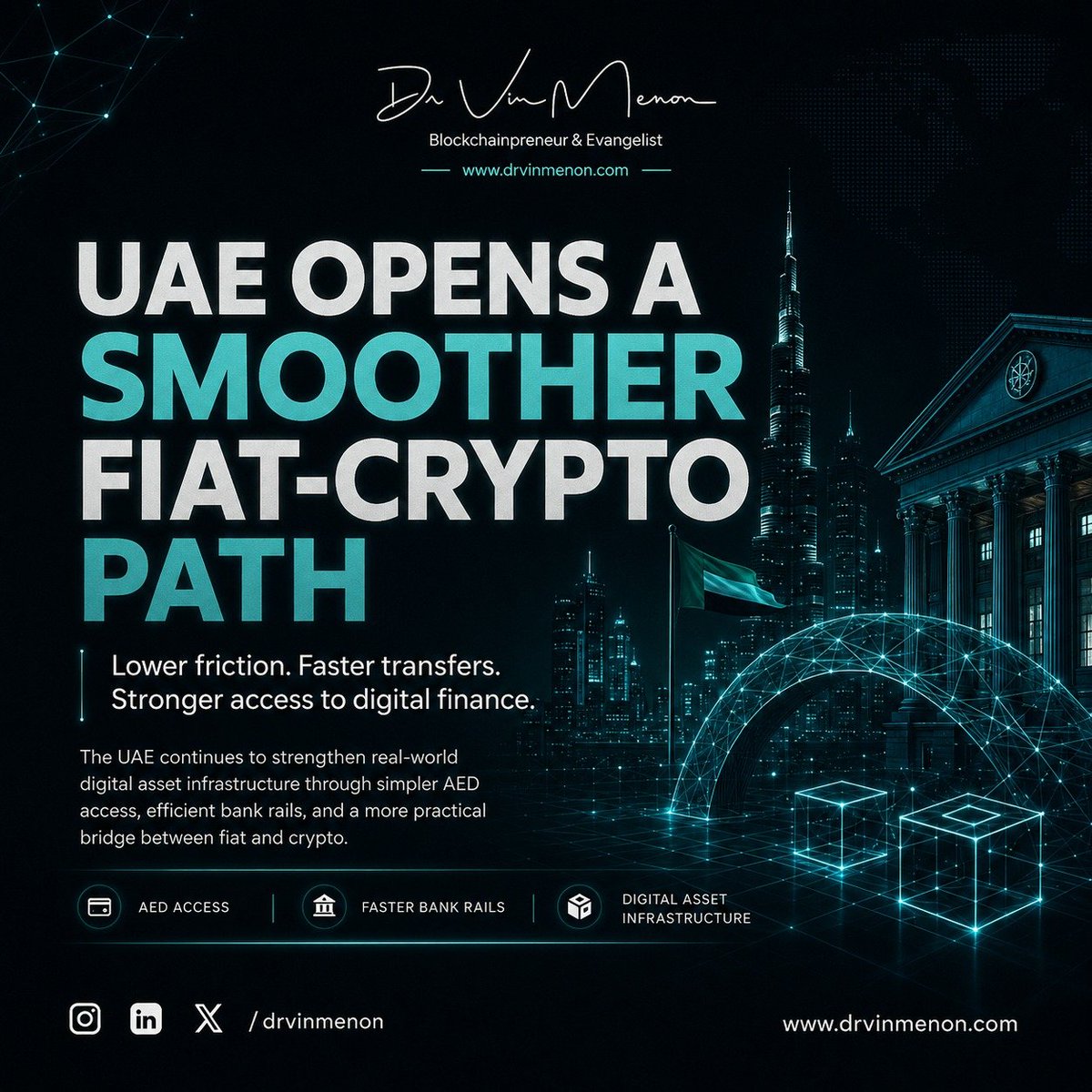 DrVinMenon's tweet photo. A major step forward for digital finance in the UAE.

Recent AED-to-crypto access improvements show how the region is making digital assets more practical, trusted, and usable for real people and institutions.

For me, this is the important shift.

Crypto adoption will not grow only because of technology. It will grow when access becomes simple, regulation becomes clear, and users can move between traditional finance and digital assets with confidence.

This is also the direction we are building toward through MindWaveDAO ( @nilatoken ): a structured digital asset ecosystem where utility, governance, treasury infrastructure, and user participation can work together in a more responsible way.

The UAE continues to show what the next phase of digital finance may look like: regulated, accessible, infrastructure-led, and built for long-term adoption.

This is not just about easier crypto transactions.

It is about building the financial access layer for the next generation of digital economies.

#DrVinMenon #MindWaveDAO #AQUAEImpact #NILAToken #SDGs #DeFi #ALCI #AQUAELabs #APUS