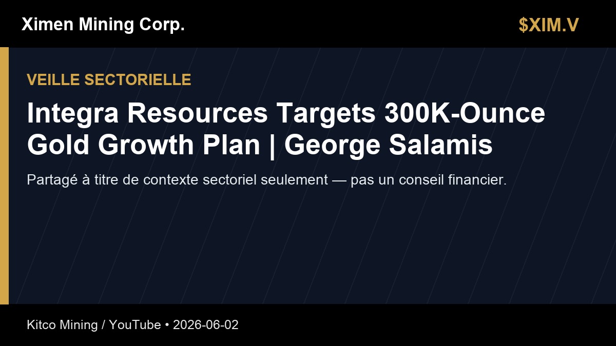 XimenMiningCorp's tweet photo. Veille sectorielle : Kitco Mining / YouTube publie un sujet sur l’or et les métaux : « Integra Resources Targets 300K-Ounce Gold Growth Plan | George Salamis ».

Contexte seulement — pas un conseil financier.

https://t.co/XkMd1Pf5ck

#XimenMining #Or #Mines #TSXV $XIM.V https://t.co/KhQjLpxRT1