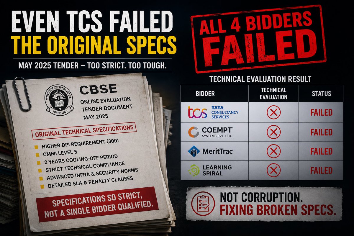 HemanNamo's tweet photo. 3/13
Original Tender Reality
May 2025 specs were so strict that even TCS — India’s biggest IT company — FAILED technical evaluation.
In fact:
ALL 4 bidders failed.
CBSE had to revise the tender.
Not corruption.
Fixing broken specifications. https://t.co/Vo9XaLOkVk