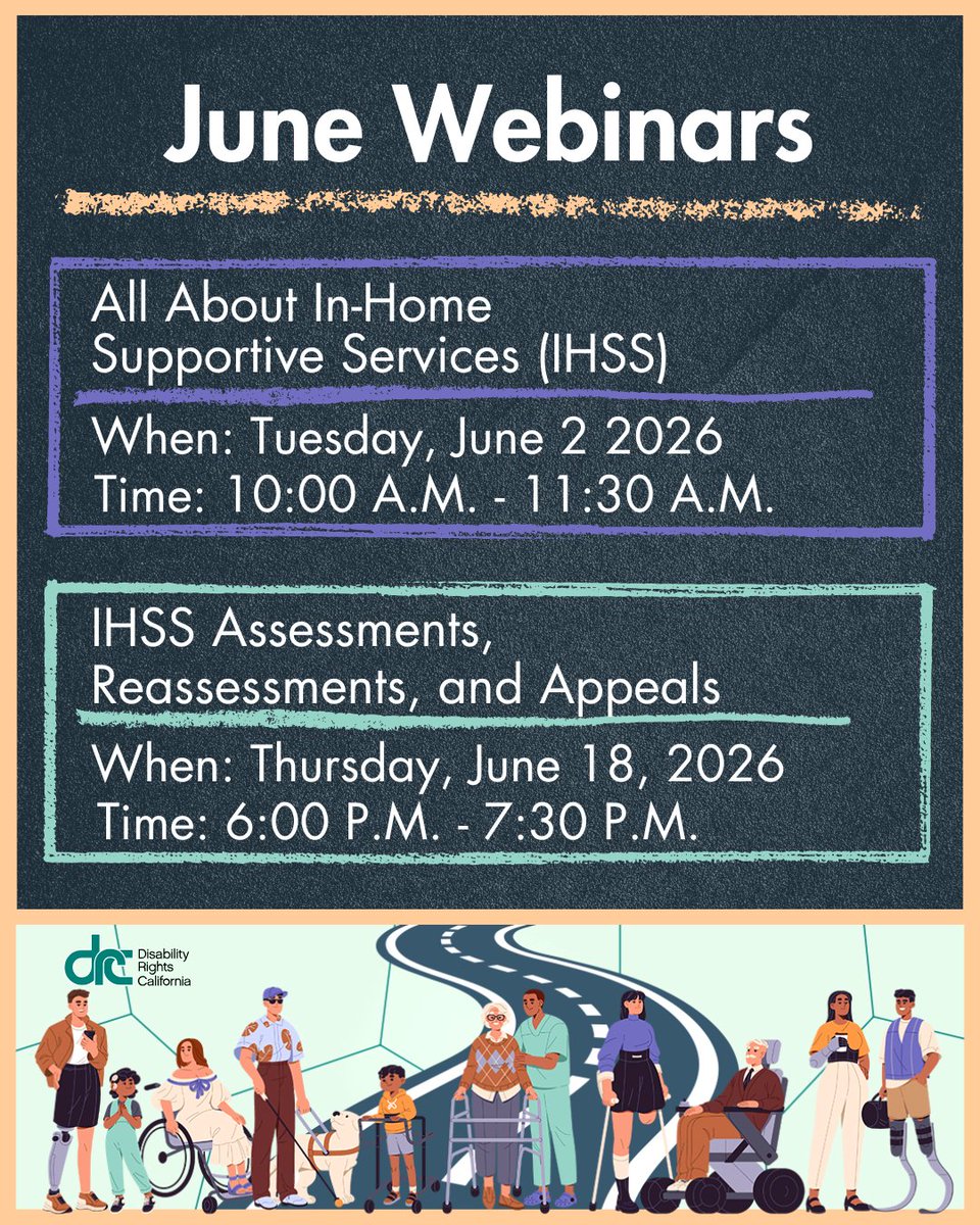 DisabilityCA's tweet photo. Starting today!/¡A partir de hoy!

The Roadmap with ACE, a new webinar series, continues in June 2026!

In June, ACE is hosting webinars in both English and Spanish all about In-Home Supportive Services (IHSS). IHSS is a Medi-cal program that helps individuals who are aged, blind, or disabled stay safely in their own homes instead of moving to a care facility. Learn who qualifies, how to prepare for an initial IHSS assessment or reassessment, and how to file an appeal if your application is denied, your hours are reduced, or you disagree with the approved hours.

Visit the link in bio to learn more and register for one or both of the upcoming webinars. On the registration page, you may also select if you need another language interpretation or reasonable accommodations.

All About In-Home Supportive Services (IHSS)
When: Tuesday, June 2, 2026 at 10:00 A.M. - 11:30 A.M.
Link: https://t.co/PcgMkFJP8c 

IHSS Assessments, Reassessments, and Appeals
When: Thursday, June 18, 2026 at 6:00 P.M. - 7:30 P.M
Link: https://t.co/mLGfwtJie8 
.
.
La Ruta con ACE, una nueva serie de seminarios web, continúa en junio de 2026!

En junio, ACE organizará seminarios web, tanto en inglés como en español, dedicados por completo a los Servicios de Apoyo en el Hogar (IHSS, por sus siglas en inglés). El IHSS es un programa de Medi-Cal que ayuda a las personas mayores, ciegas o con discapacidades a permanecer de manera segura en sus propios hogares, en lugar de tener que trasladarse a un centro de cuidados. Infórmese sobre quiénes cumplen los requisitos, cómo prepararse para la evaluación inicial del IHSS o para la reevaluación, y cómo presentar una apelación en caso de que su solicitud sea denegada, se reduzcan sus horas o si no está de acuerdo con las horas aprobadas.

Visite el enlace en nuestra página para obtener más información y registrarse en uno o ambos seminarios web próximos. En la página de registración, tambien puedes seleccionar si necesitas otro lenguaje de interpretación o acomodaciones razonables.

Todo sobre Los Servicios de Apoyo en el Hogar
Cuándo: jueves 4 de junio de 2026, de 6:00 P.M. a 7:30 P.M.
Enlace: https://t.co/kvK4MFURWU 

Evaluaciónes, reevaluaciónes y apelaciónes de IHSS
Cuándo: martes 16 de junio de 2026, de 10:00 A.M. a 11:30 A.M.
Enlace: https://t.co/WkKtxzy46i