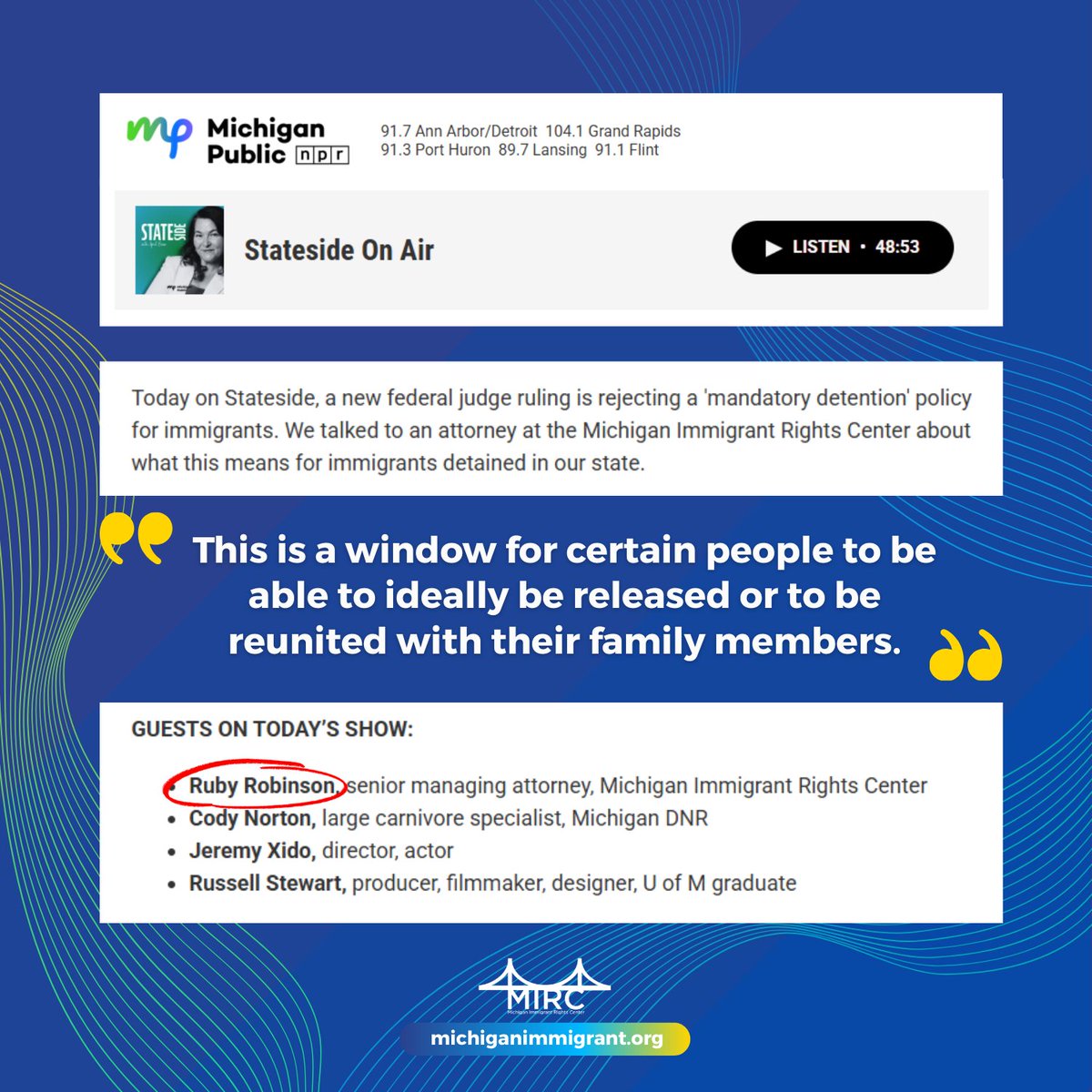 Michimmigrant's tweet photo. MIRC's Ruby Robinson spoke to Stateside about the federal court ruling that detained immigrants must have the opportunity to seek bond. "This is a window for certain people to be able to be released or to be reunited with their family members." 
🎧 Listen: https://t.co/333DhNAekp https://t.co/f0M8q8kRgZ
