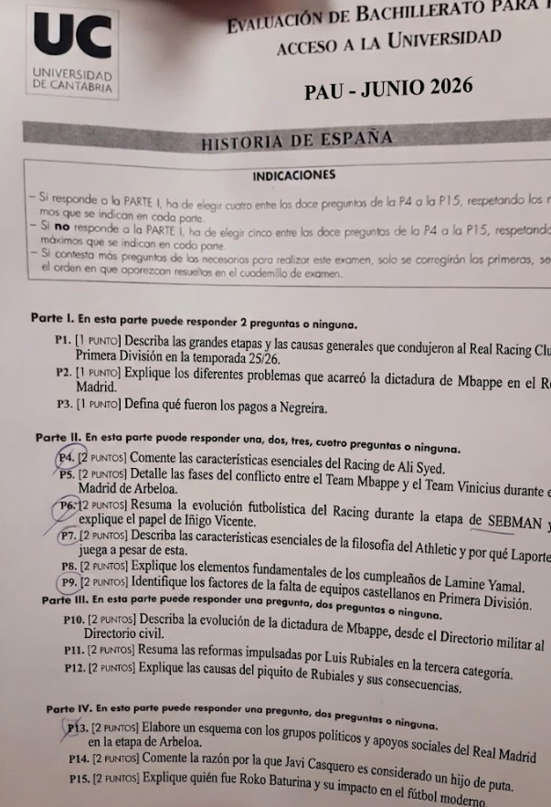 racingsexo's tweet photo. Examen de historia de la #PAU2026 en Cantabria #selectividad2026 

Vergonzoso!!! Mi hijo ha salido llorando porque era demasiado difícil… luego vendrán a quitarle la plaza gente que no trabaja en todo el año 😠 https://t.co/6BT9HLZk7S