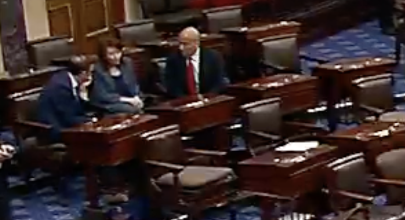 RossDellenger's tweet photo. Spotted on the floor of the U.S. Senate this afternoon: Sen. Maria Cantwell holding a lengthy chat with Sens. Cory Booker and Chris Murphy - two fellow Democrats that she'd want to support her college sports bill. https://t.co/PQoo9wnmAY