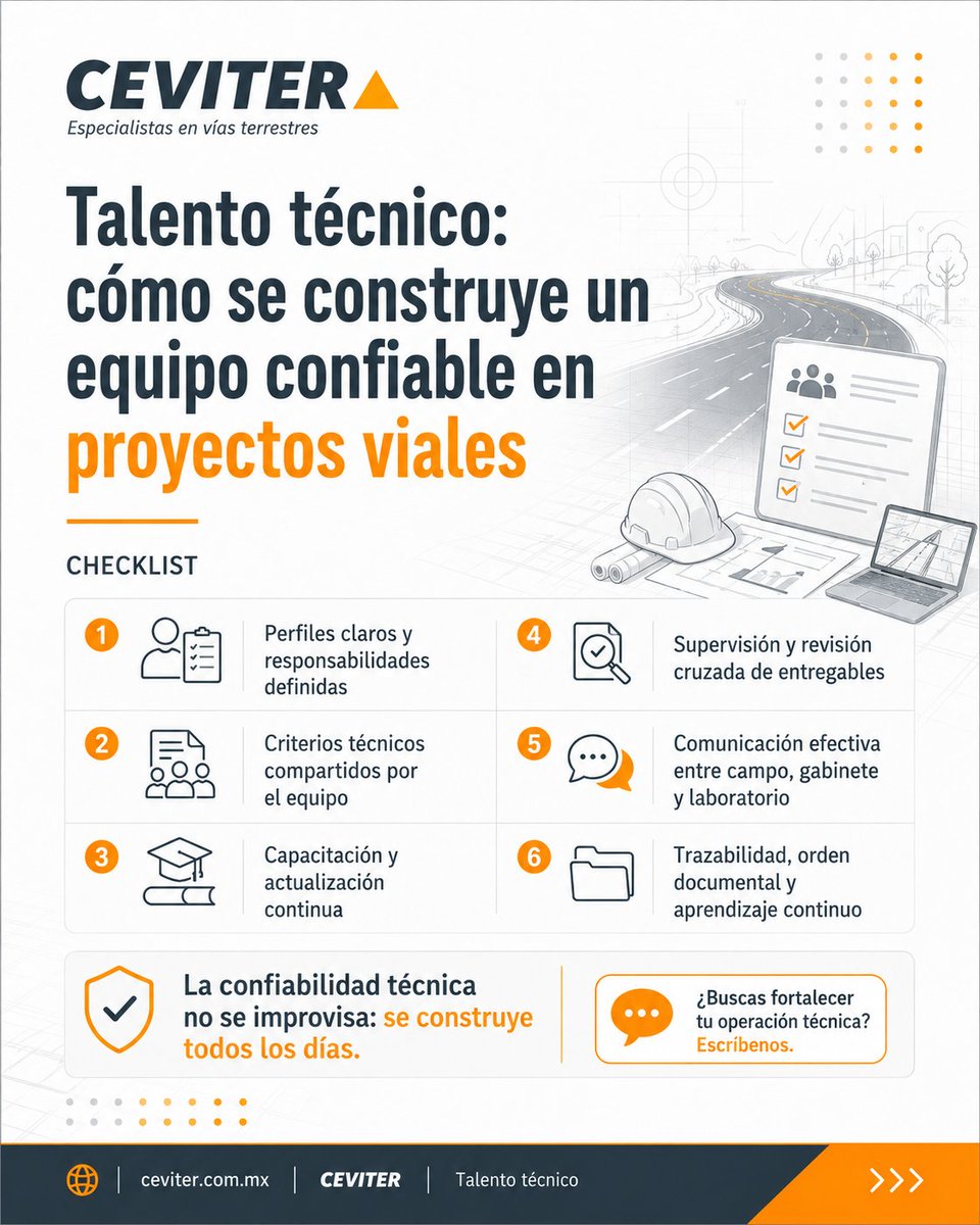 ceviter's tweet photo. Un equipo confiable en proyectos viales se construye con roles claros, criterios compartidos, capacitación, revisión cruzada y trazabilidad.

#TalentoTecnico #Infraestructura #CEVITER https://t.co/DAOVqdYn7z
