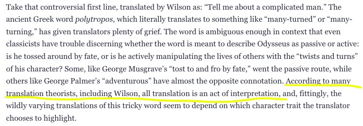 itsrommel's tweet photo. This is ridiculous. Translation is just as important if  not more than the composition of the original text.

Emily Wilson’s translation of The Odyssey was heavily criticized for pushing back against previous interpretations of the text that glorified Homer’s patriarchal fantasy. https://t.co/4yaYnehR0W