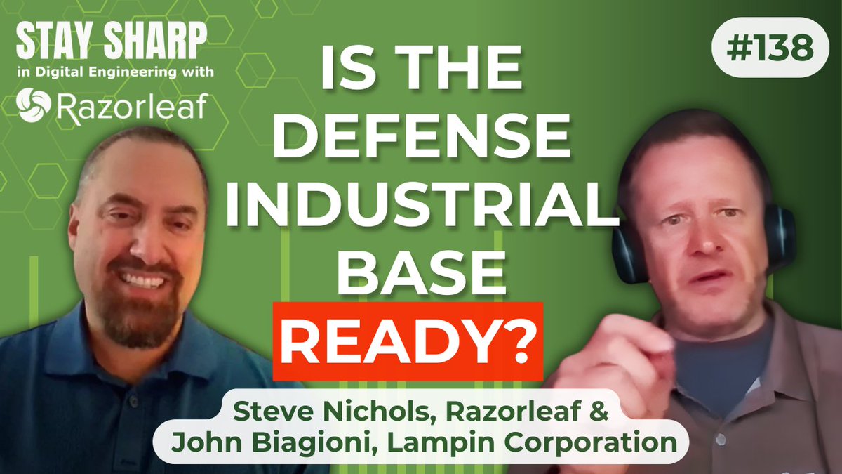 razorleaf's tweet photo. In this episode of Stay Sharp: Digital Engineering, hosts Juliann Grant and Jonathan Scott tackle one of the most misunderstood opportunities in manufacturing: the Defense Industrial Base (DIB).

Joined by two returning experts, they break down how companies of any size from small shops to large operations can find their place and compete in this critical space.

Steve Nichols, who leads Razorleaf’s public sector and defense group, brings decades of experience across technology, operations, and strategy, with a track record spanning startups to global enterprises.

John Biagioni, President of Lampin Corporation, adds a powerful manufacturing perspective—shaped by his start as a machinist, executive leadership across multiple companies, and a career marked by innovation, patents, and operational expertise.

If you’ve ever wondered how to break into the DIB, this conversation lays out the path.

Watch the full Episode Here: https://t.co/0GKc0it5RC

#DefenseIndustrialBase #Manufacturing #DigitalEngineering #AerospaceAndDefense #PLM #DigitalThread #ModelBasedEngineering #EngineeringLeadership #SmartManufacturing