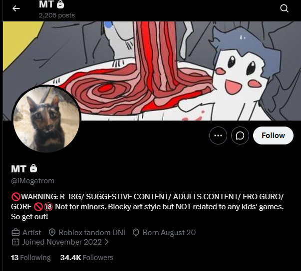 sonadowyuri's tweet photo. randomly makes their main with 34k followers (mostly minors) into an 18+ account with no warning 

"roblox community DNI" "blocky art style but not related to any childrens games" when ALL they draw is roblox (guest 1337 is literally in their banner)

Highest IQ? https://t.co/OvseyoV0Vp