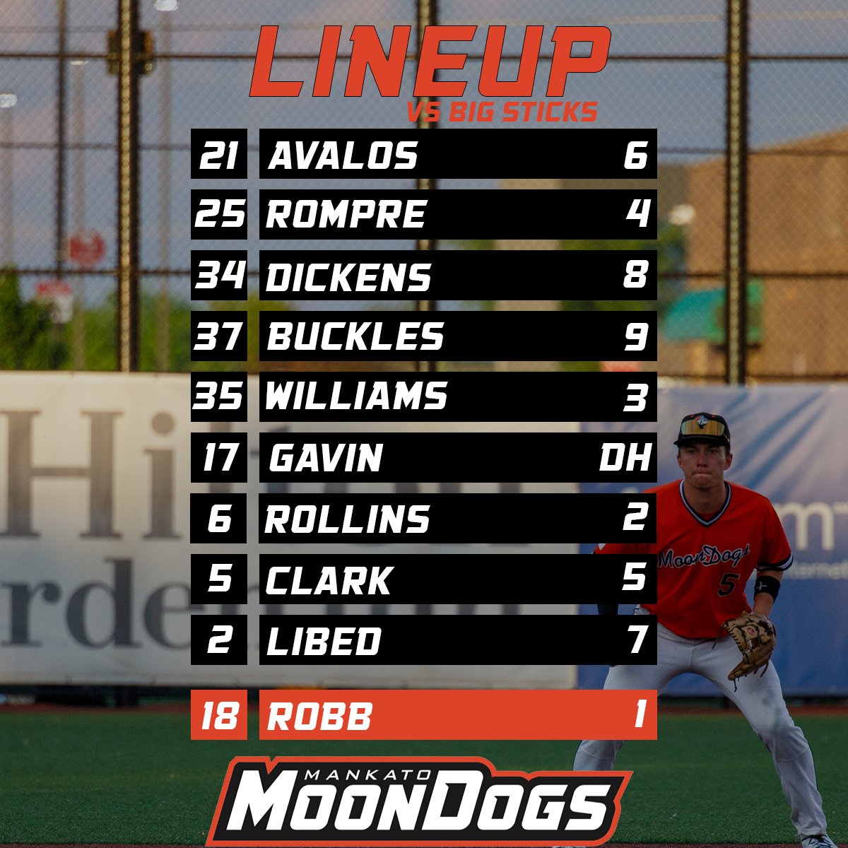 MankatoMoonDogs's tweet photo. Tonight's lineup against the Big Sticks!

#GoDogs https://t.co/48t9NPP4u6