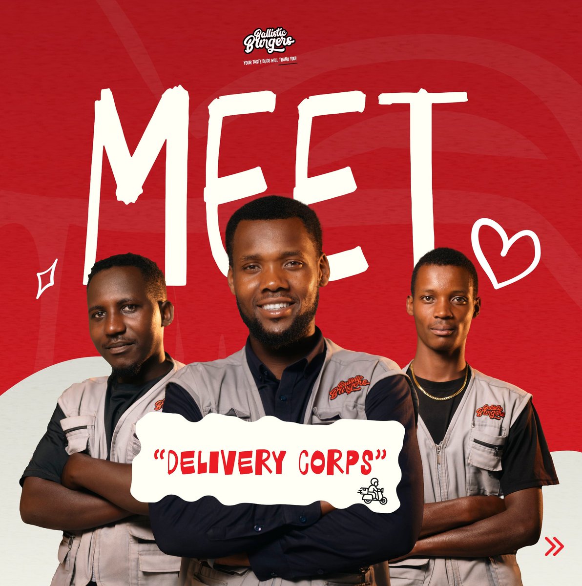 BallisticBurger's tweet photo. Meet The Team. EP.03. The Delivery Corps.

Our last-mile delivery team. 6 people riding across Kigali, rain or shine, so every Ballistic burger gets to you ready to be enjoyed.
[A thread 🧵] https://t.co/0iOeQqHNyo